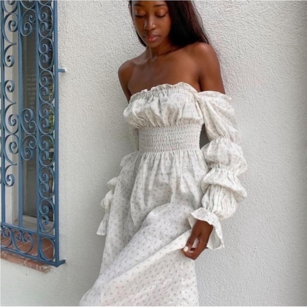 Sleeper Off-Shoulder White Floral Maxi Dress